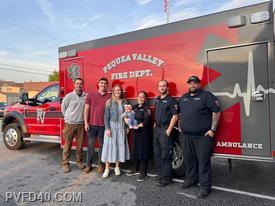 Crews from PVFD EMS, Penn Med 1, and mom, dad and baby on the visit to the station on May 6th 

** Story and photo shared with permission of the family**